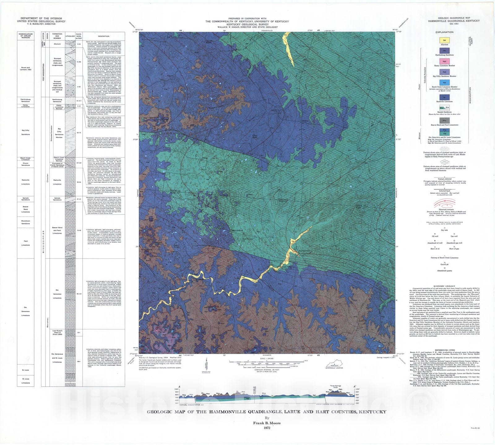 Map : Geologic map of the Hammonville quadrangle, Larue and Hart Counties, Kentucky, 1972 Cartography Wall Art :