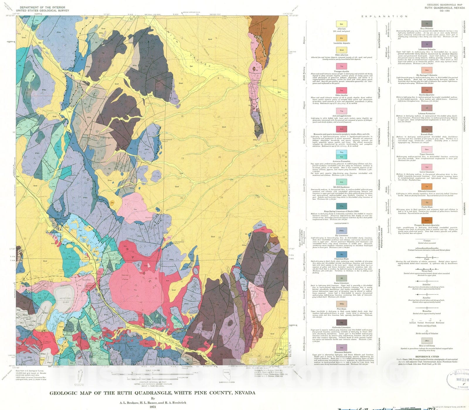 Map : Geologic map of the Ruth quadrangle, White Pine County, Nevada, 1973 Cartography Wall Art :