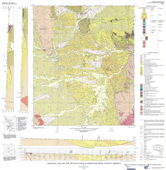 Map : Geologic map of the Putnam Wash quadrangle, Pinal County, Arizona, 1974 Cartography Wall Art :