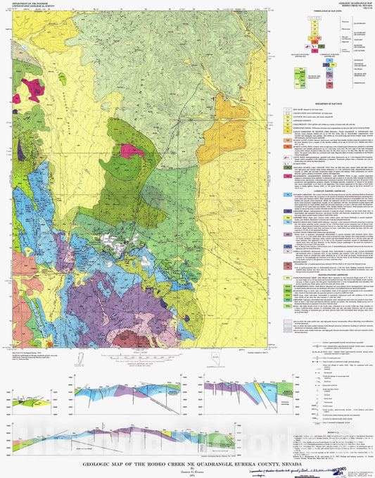 Map : Geologic map of the Rodeo Creek NE quadrangle, Eureka County, Nevada, 1974 Cartography Wall Art :