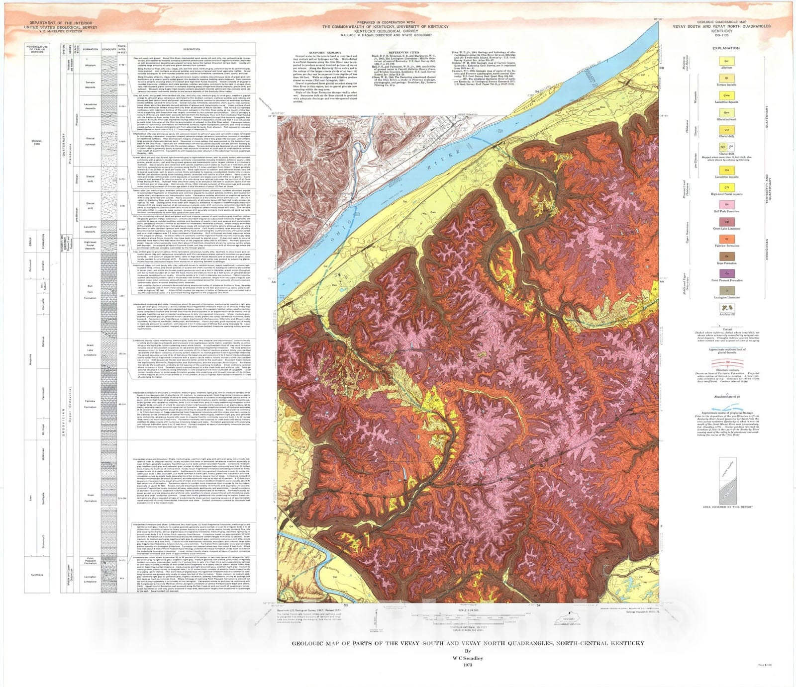 Map : Geologic map of parts of the Vevay South and Vevay North quadrangles, north-central Kentucky, 1973 Cartography Wall Art :