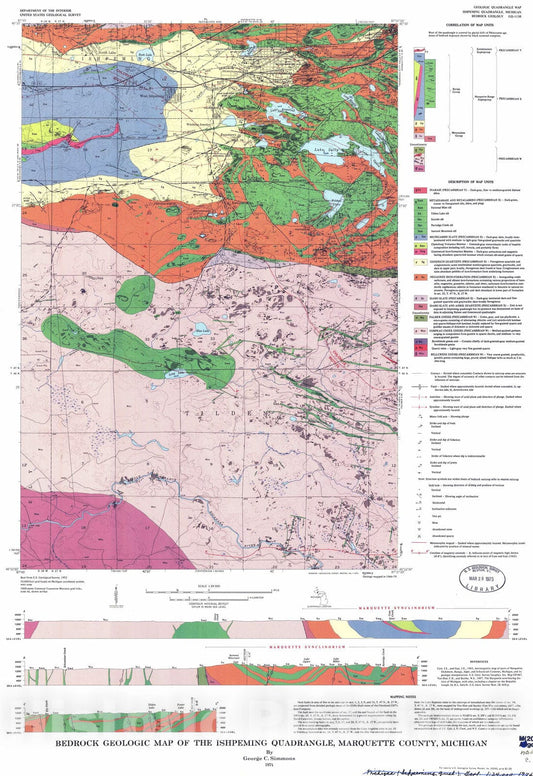 Map : Bedrock geologic map of the Ishpeming quadrangle, Marquette County, Michigan, 1974 Cartography Wall Art :