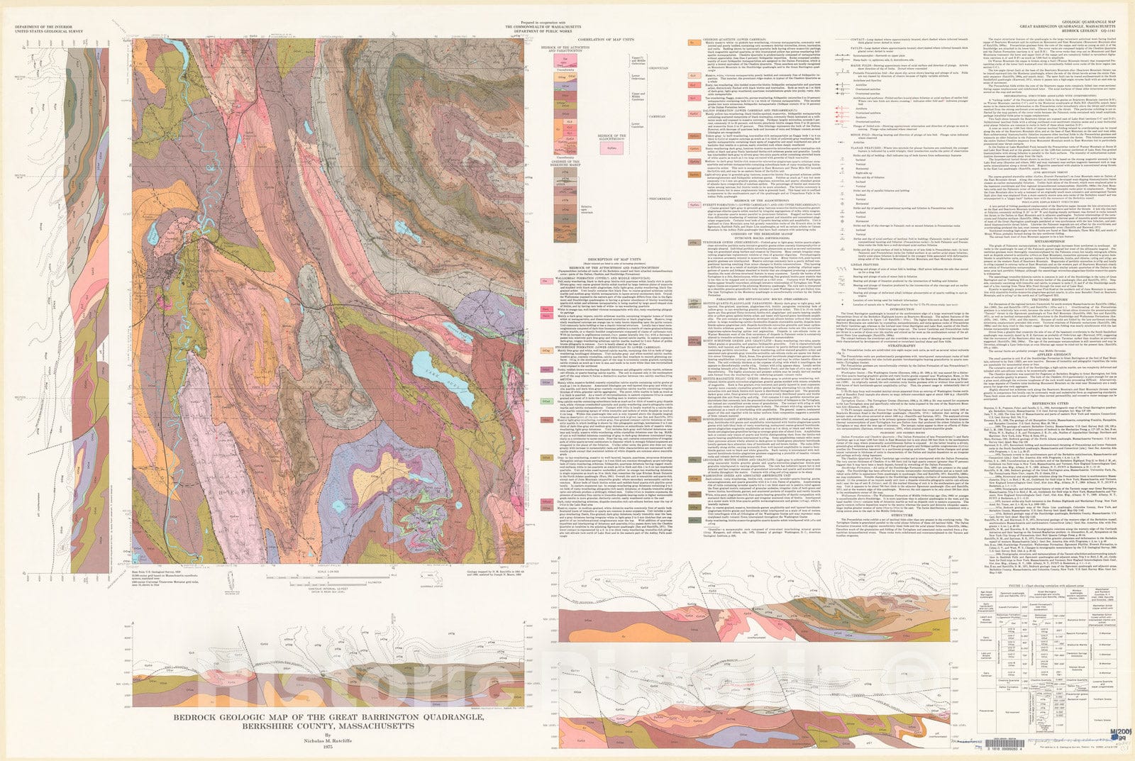 Map : Bedrock geologic map of the Great Barrington quadrangle, Berkshire County, Massachusetts, 1974 Cartography Wall Art :