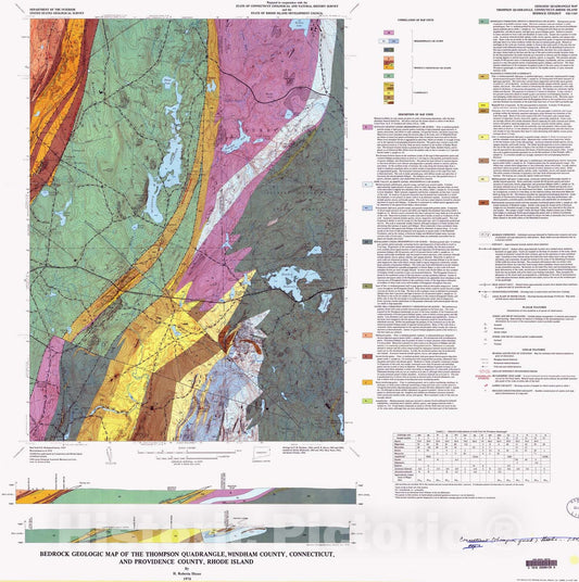 Map : Bedrock geologic map of the Thompson quadrangle, Windham County, Connecticut, and Providence County, Rhode Island, 1974 Cartography Wall Art :