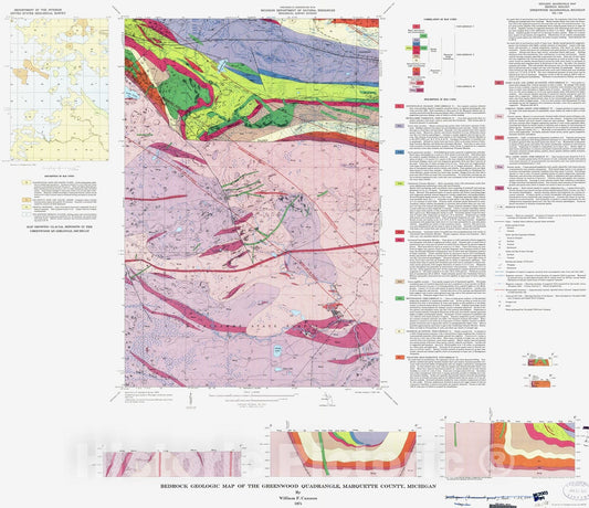 Map : Bedrock geologic map of the Greenwood quadrangle, Marquette County, Michigan, 1974 Cartography Wall Art :