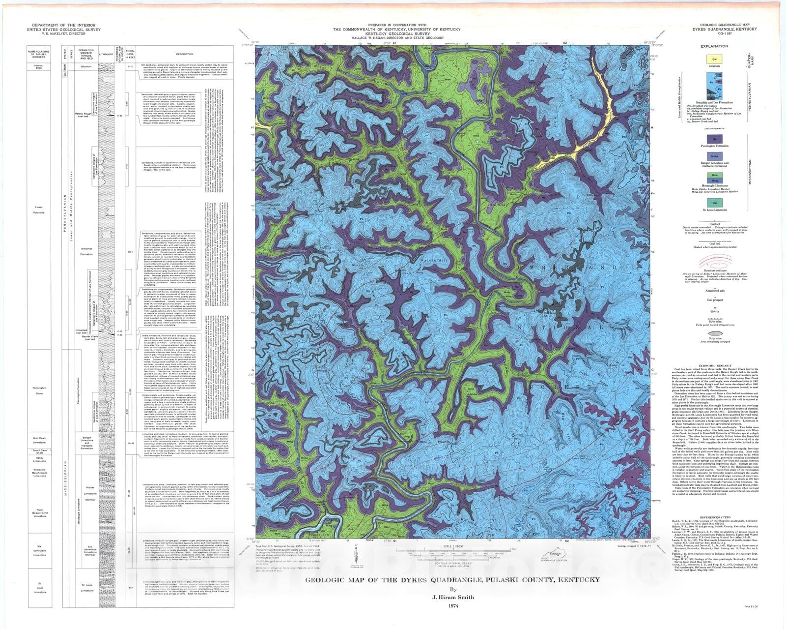 Map : Geologic map of the Dykes quadrangle, Pulaski County, Kentucky, 1974 Cartography Wall Art :