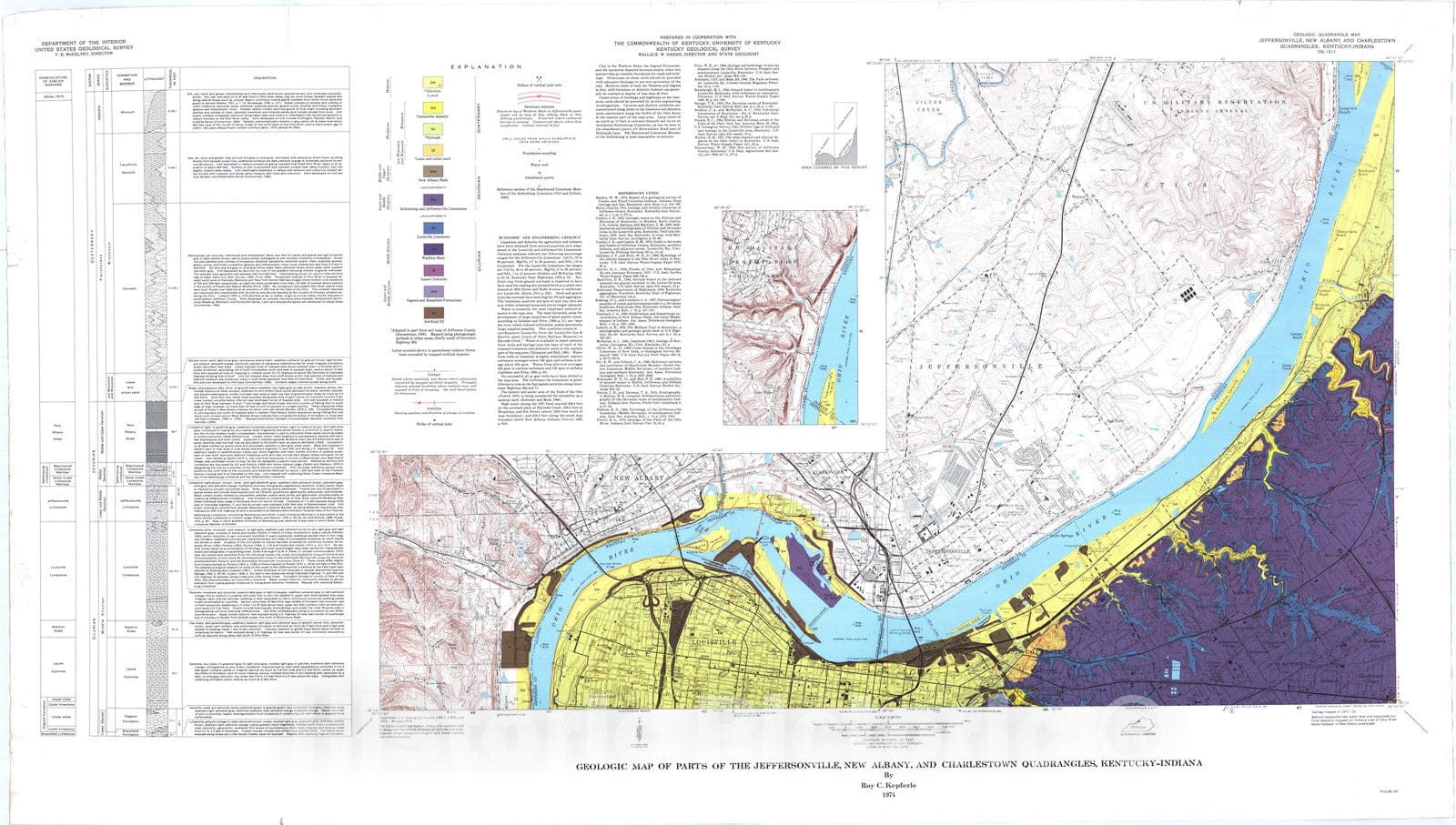 Map : Geologic map of parts of the Jefferson, New Albany and Charleston quadrangles, Kentucky-Indiana, 1974 Cartography Wall Art :