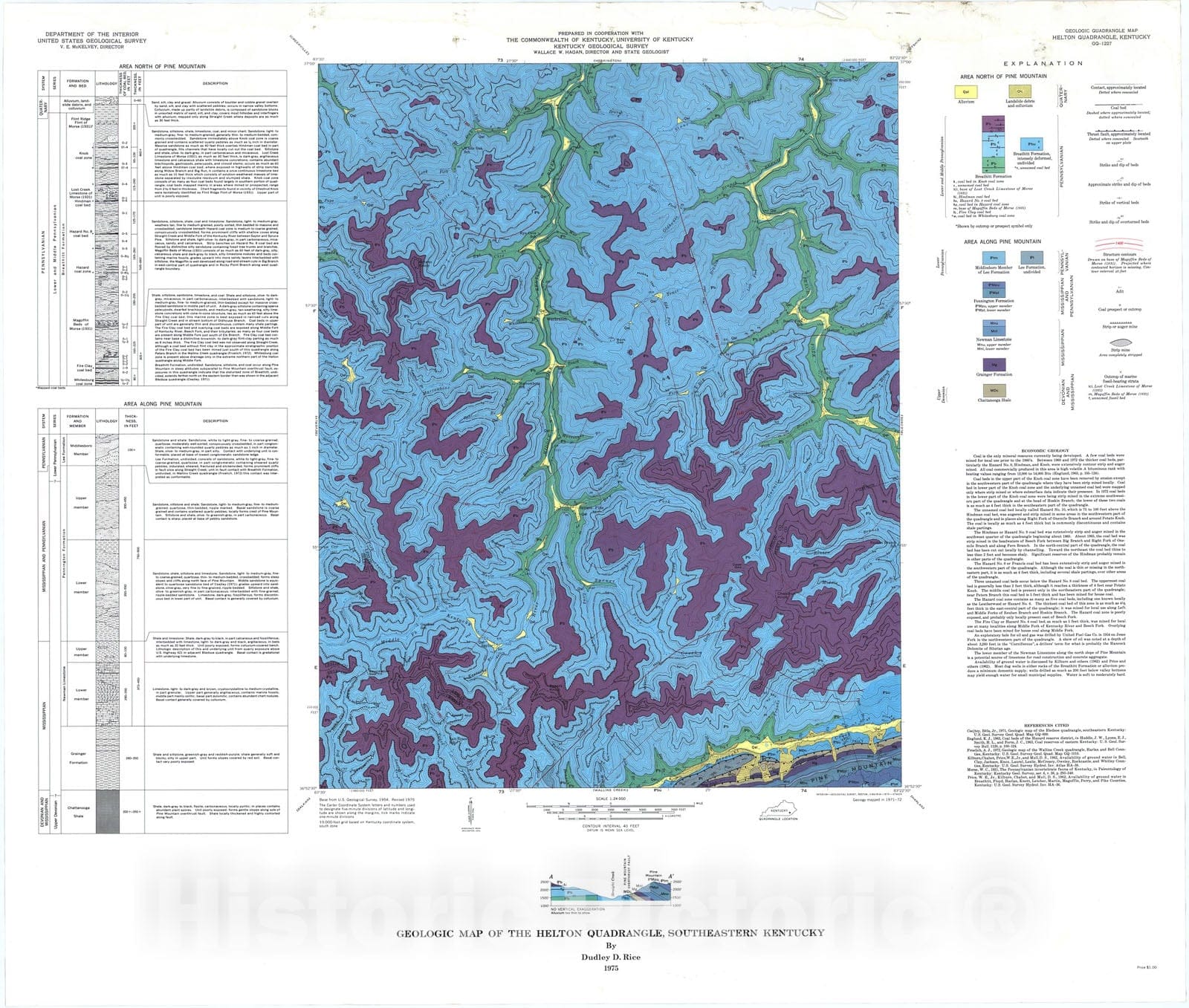 Map : Geologic map of the Helton quadrangle, southeastern Kentucky, 1975 Cartography Wall Art :