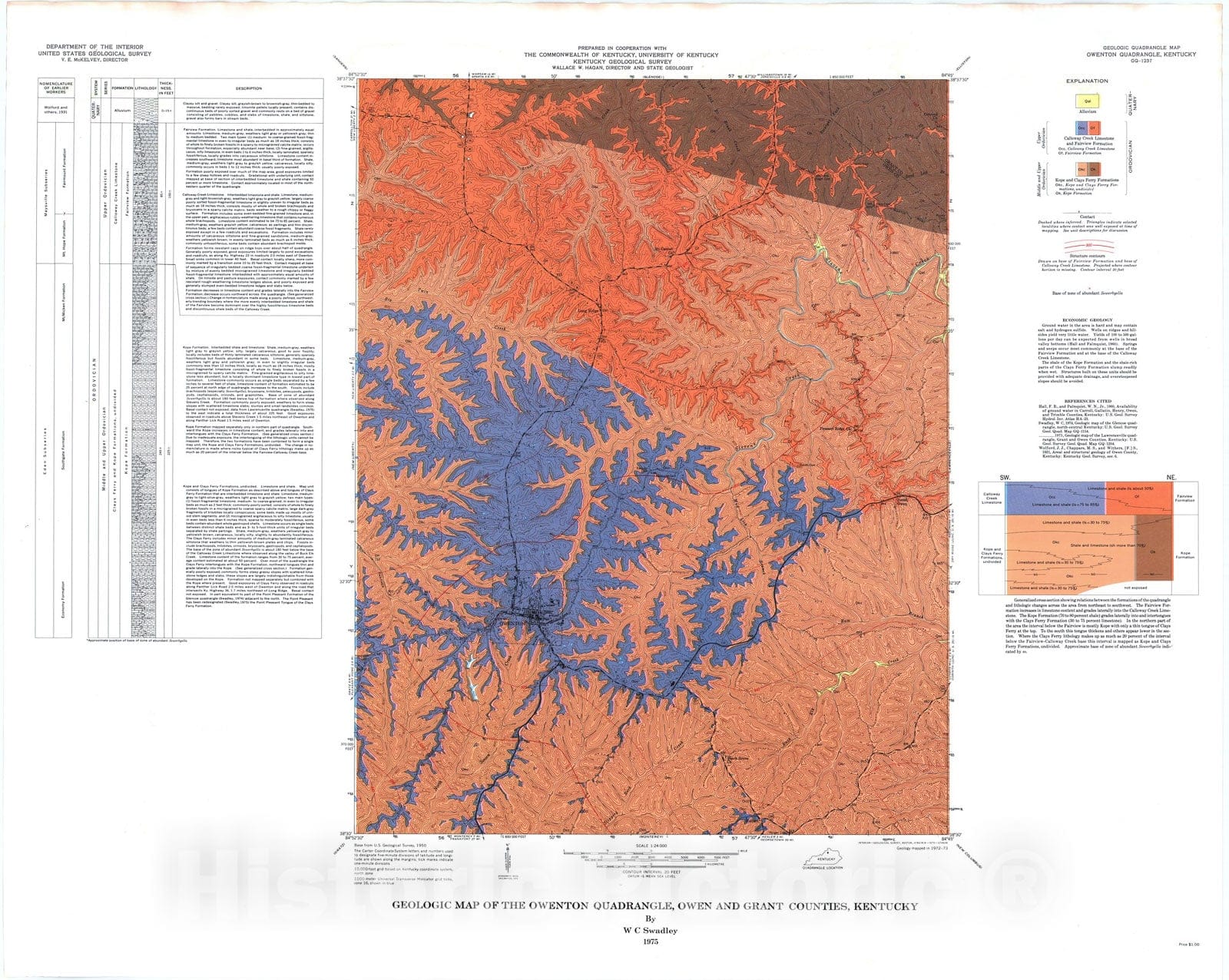 Map : Geologic map of the Owenton quadrangle, Owen and Grant Counties, Kentucky, 1975 Cartography Wall Art :