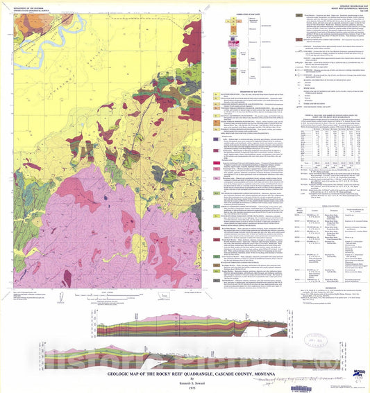 Map : Geologic map of the Rocky Reef quadrangle, Cascade County, Montana, 1975 Cartography Wall Art :