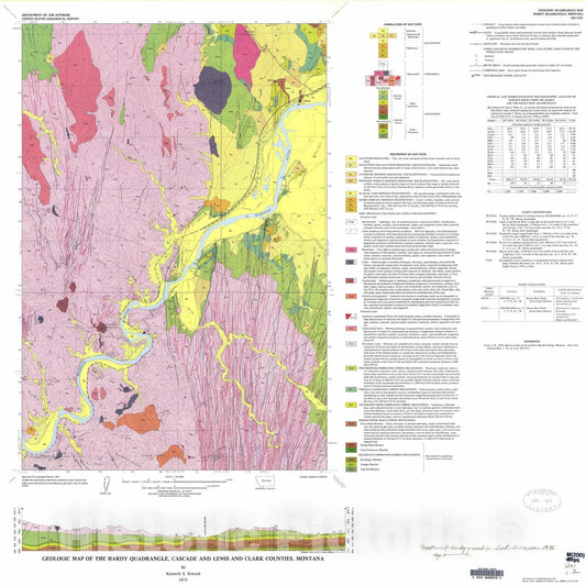 Map : Geologic map of the Hardy quadrangle, Cascade and Lewis and Clark Counties, Montana, 1975 Cartography Wall Art :