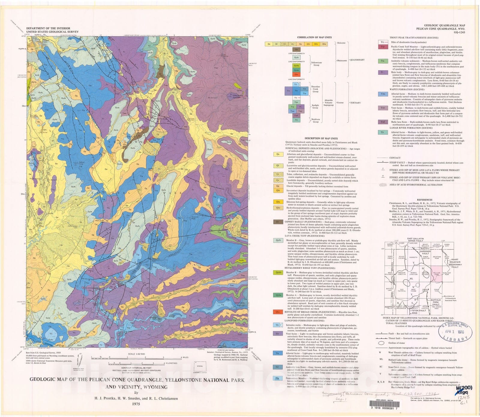 Map : Geologic map of the Pelican Cone quadrangle, Yellowstone National Park and vicinity, Wyoming, 1975 Cartography Wall Art :