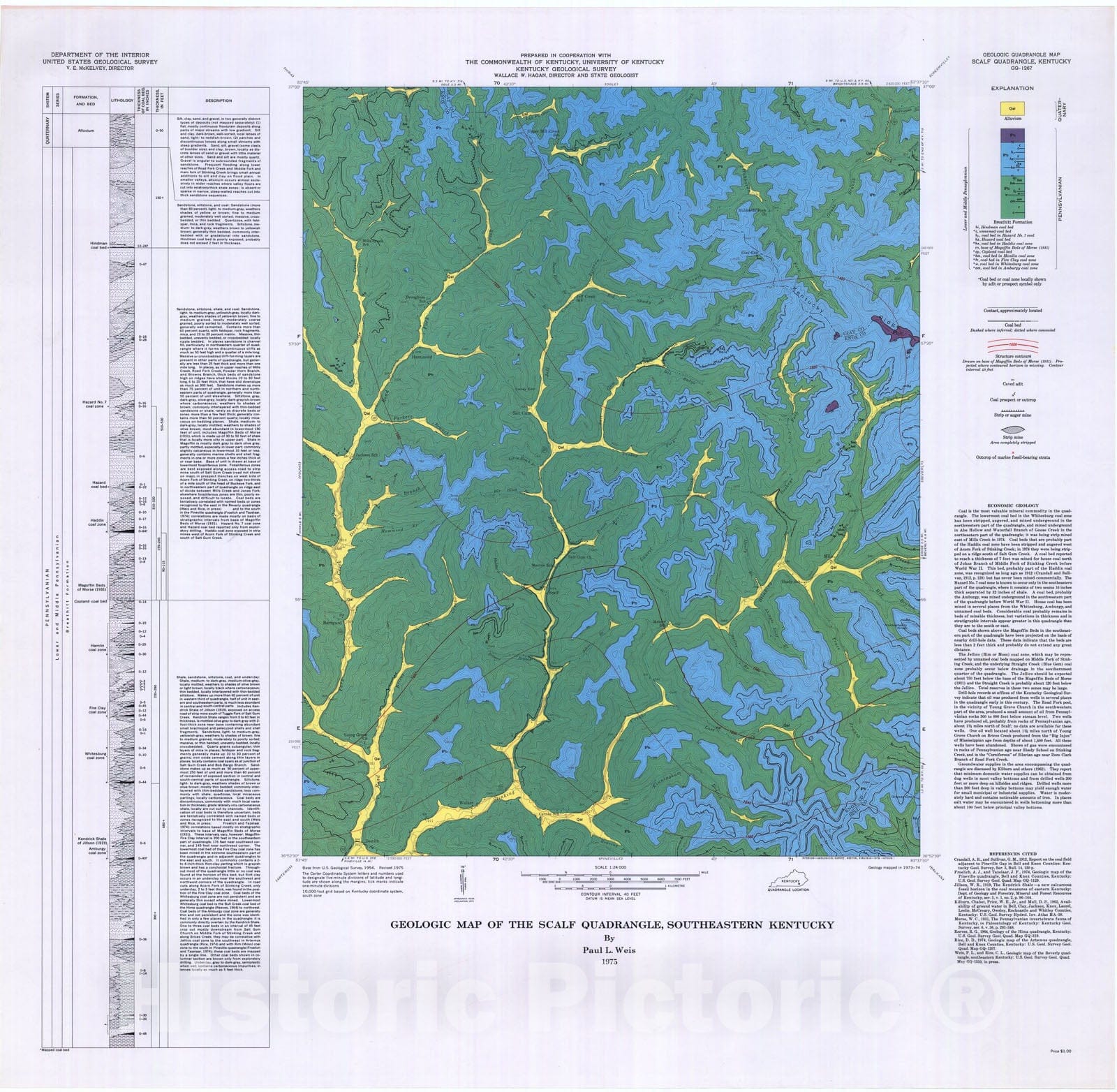 Map : Geologic map of the Scalf quadrangle, southeastern Kentucky, 1975 Cartography Wall Art :