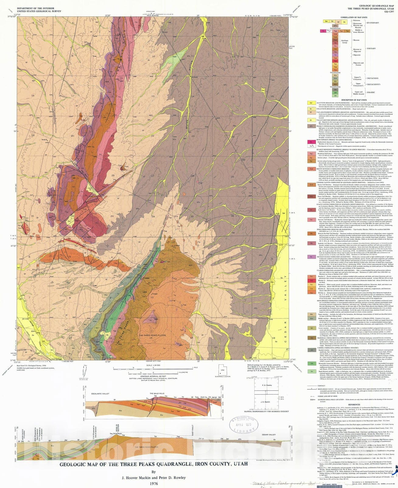 Map : Geologic map of The Three Peaks quadrangle, Iron County, Utah, 1976 Cartography Wall Art :