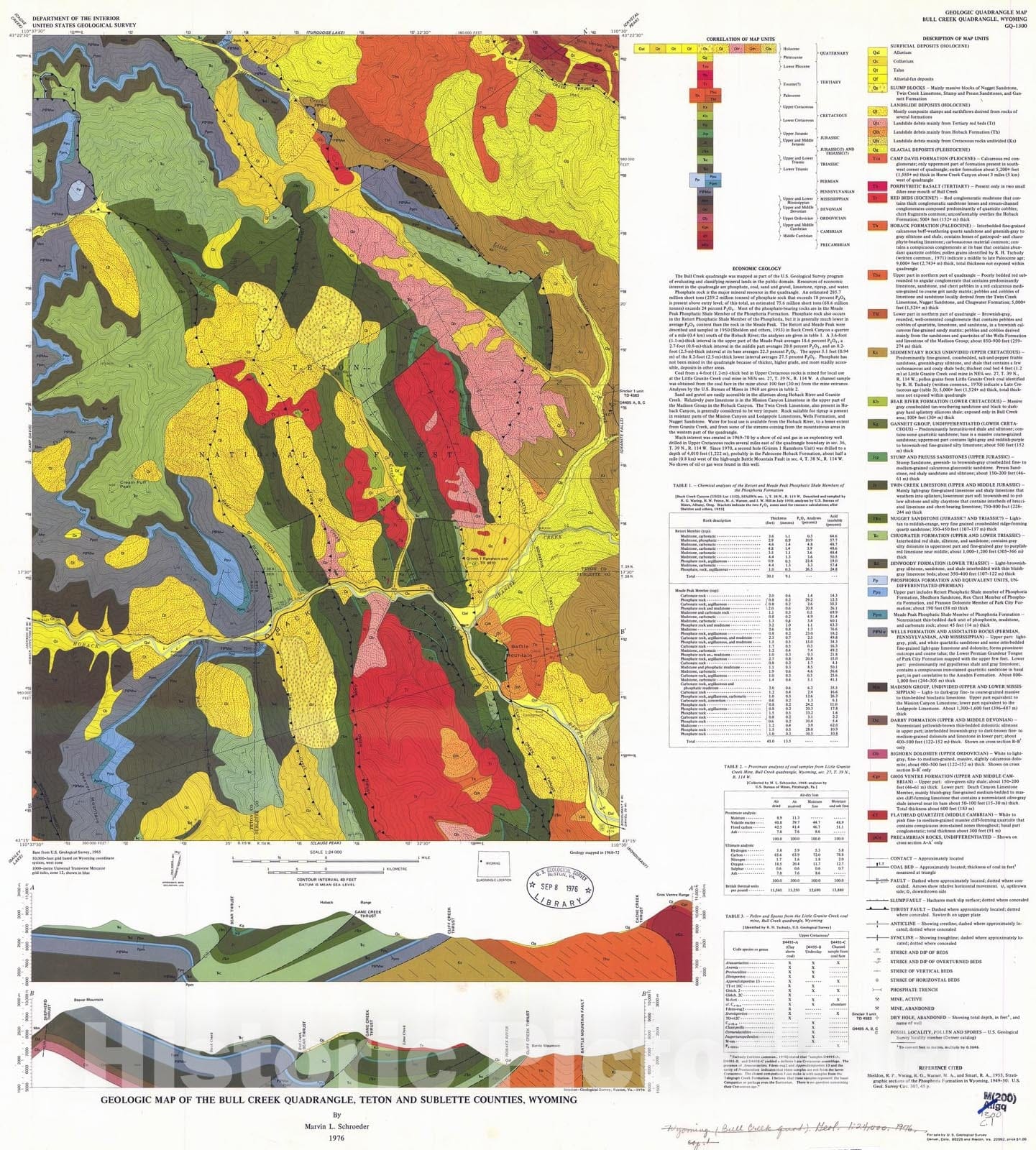 Map : Geologic map of the Bull Creek quadrangle, Teton and Sublette Counties, Wyoming, 1976 Cartography Wall Art :