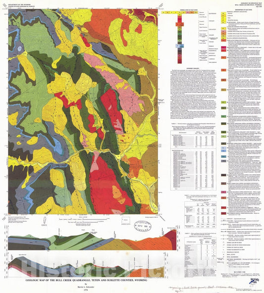 Map : Geologic map of the Bull Creek quadrangle, Teton and Sublette Counties, Wyoming, 1976 Cartography Wall Art :