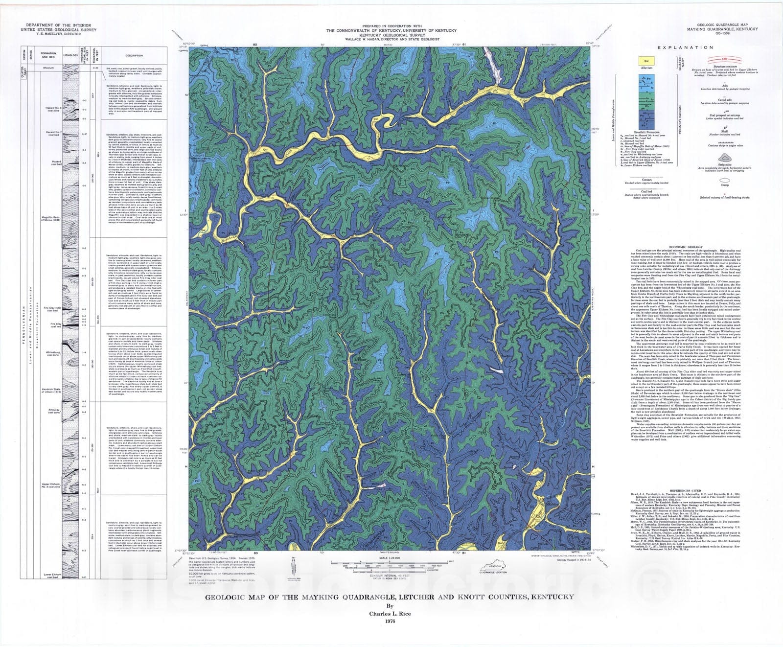 Map : Geologic map of the Mayking quadrangle, Letcher and Knott Counties, Kentucky, 1976 Cartography Wall Art :