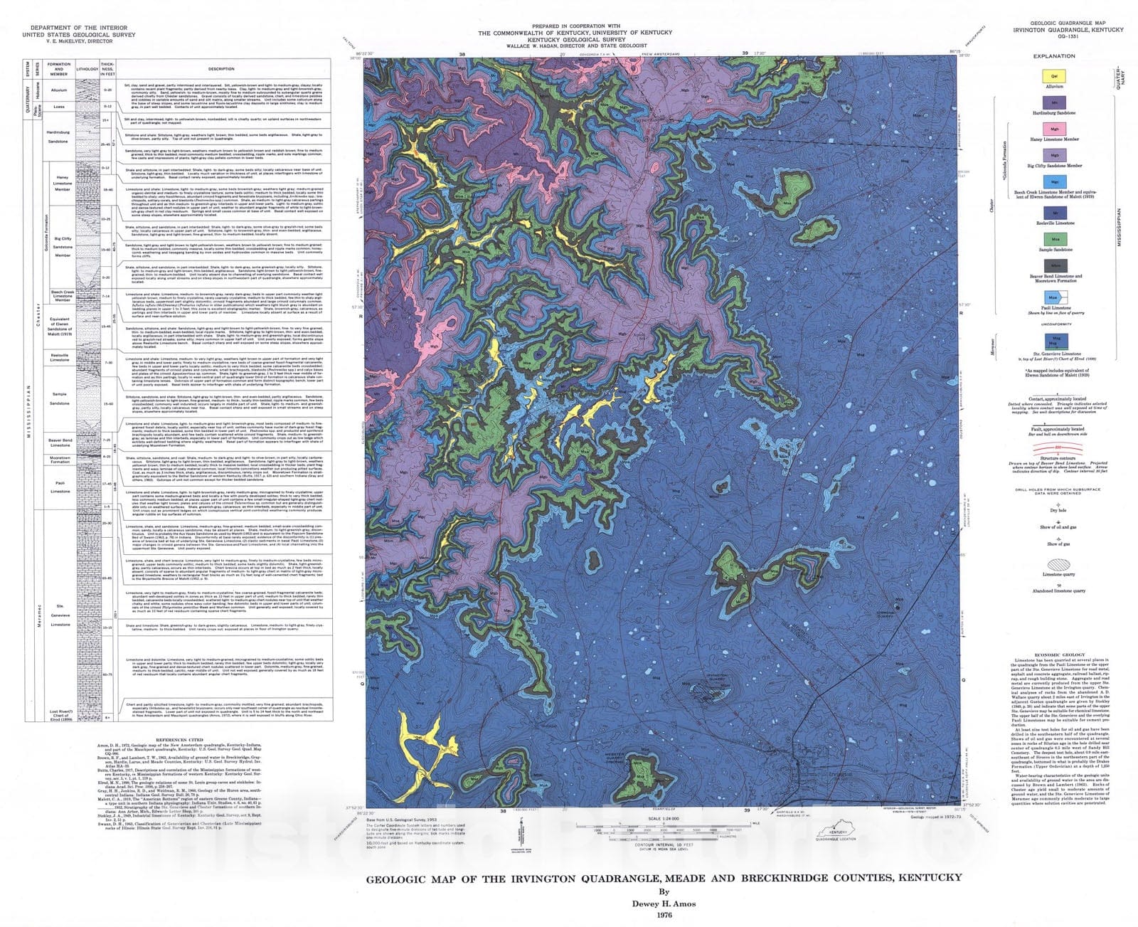 Map : Geologic map of the Irvington quadrangle, Meade and Breckinridge Counties, Kentucky, 1976 Cartography Wall Art :