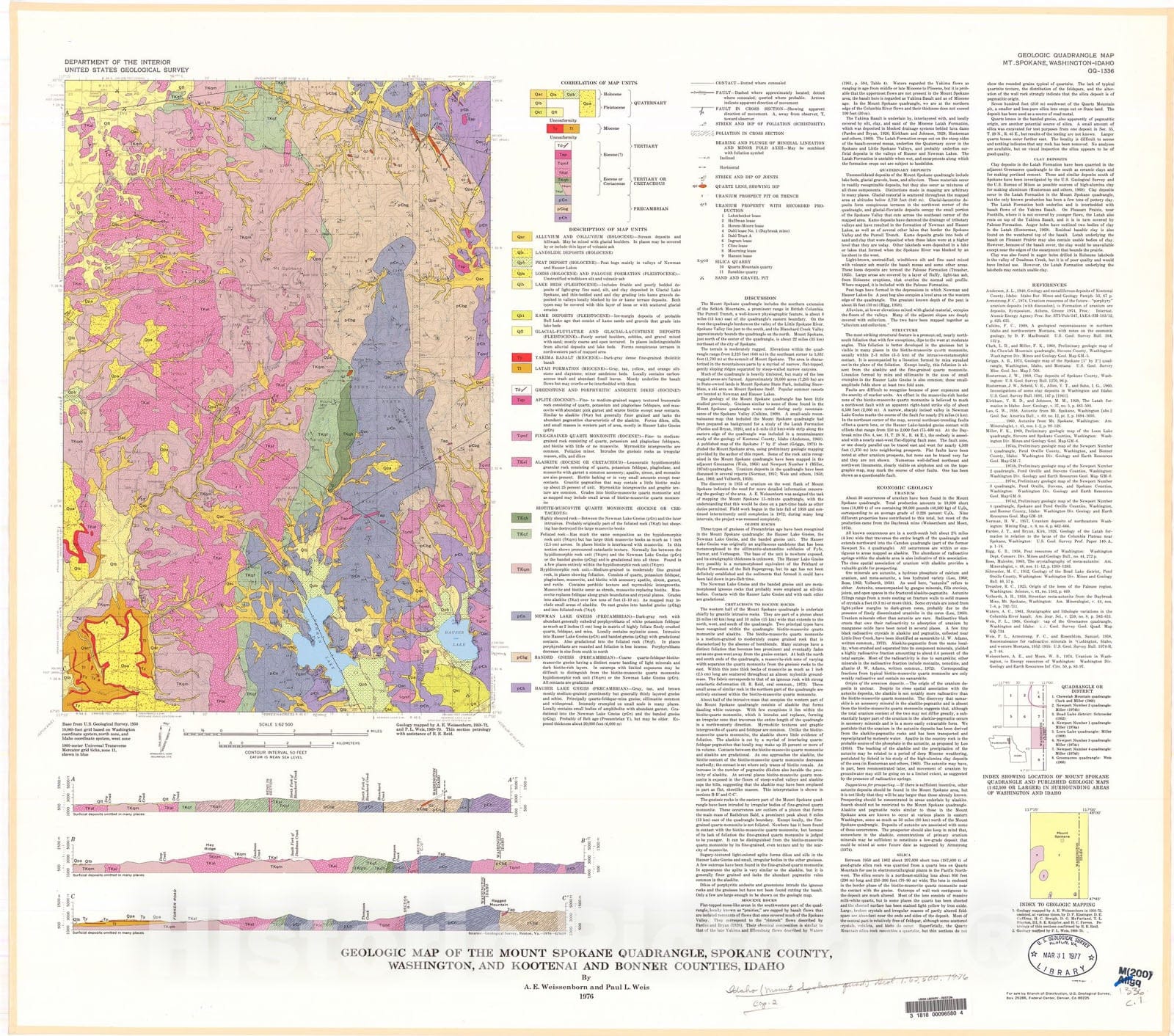 Map : Geologic map of the Mount Spokane quadrangle, Spokane County, Washington, and Kootenai and Bonner Counties, Idaho, 1976 Cartography Wall Art :