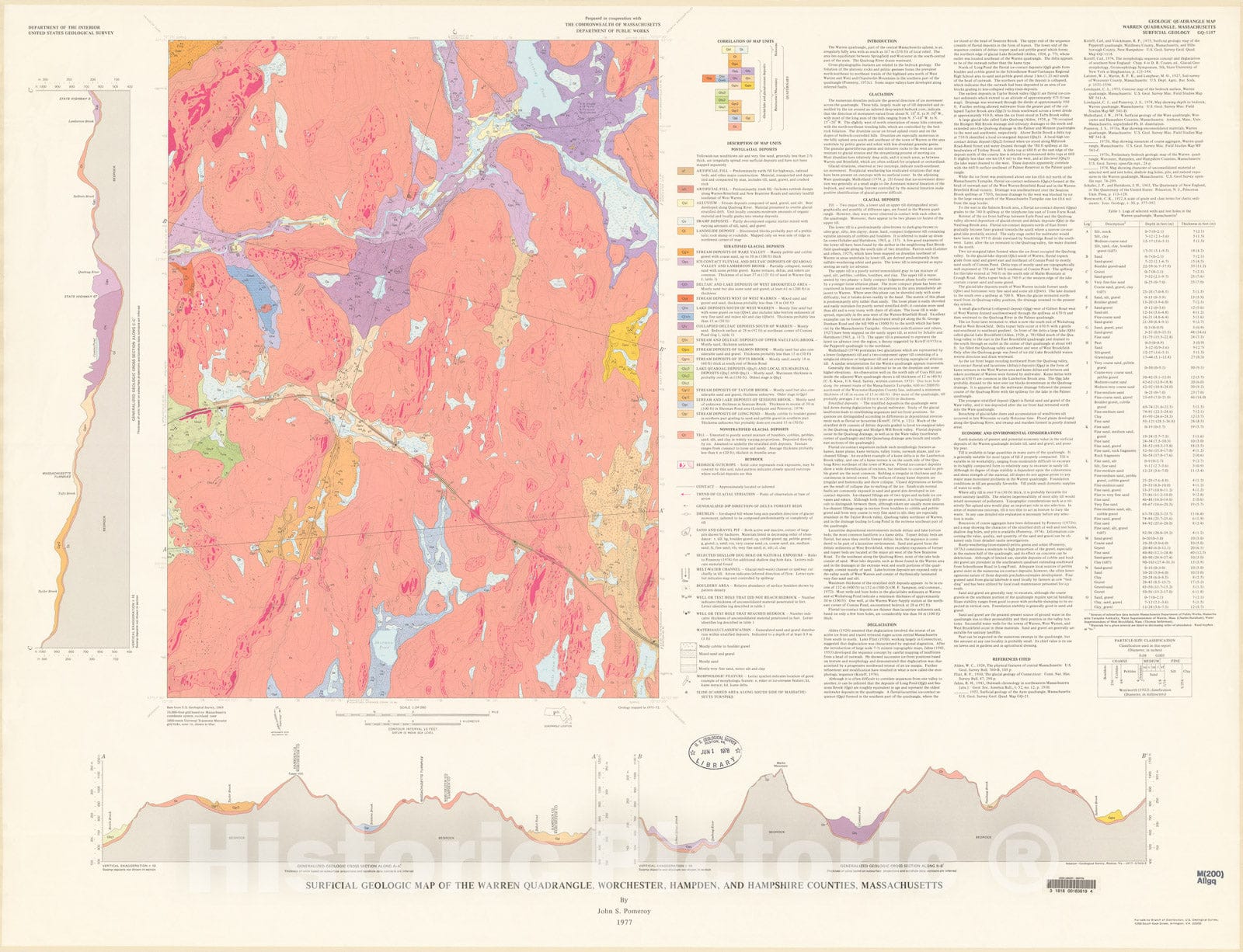 Map : Surficial geologic map of the Warren quadrangle, Worcester, Hampden, and Hampshire Counties, Massachusetts, 1977 Cartography Wall Art :