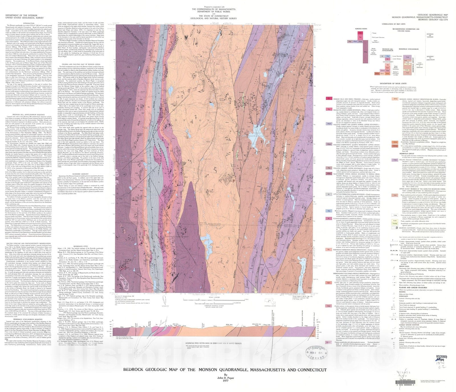 Map : Bedrock geologic map of the Monson quadrangle, Massachusetts and Connecticut, 1977 Cartography Wall Art :