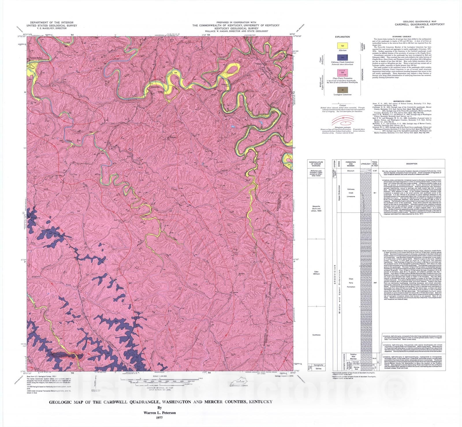 Map : Geologic map of the Cardwell quadrangle, Washington and Mercer Counties, Kentucky, 1977 Cartography Wall Art :