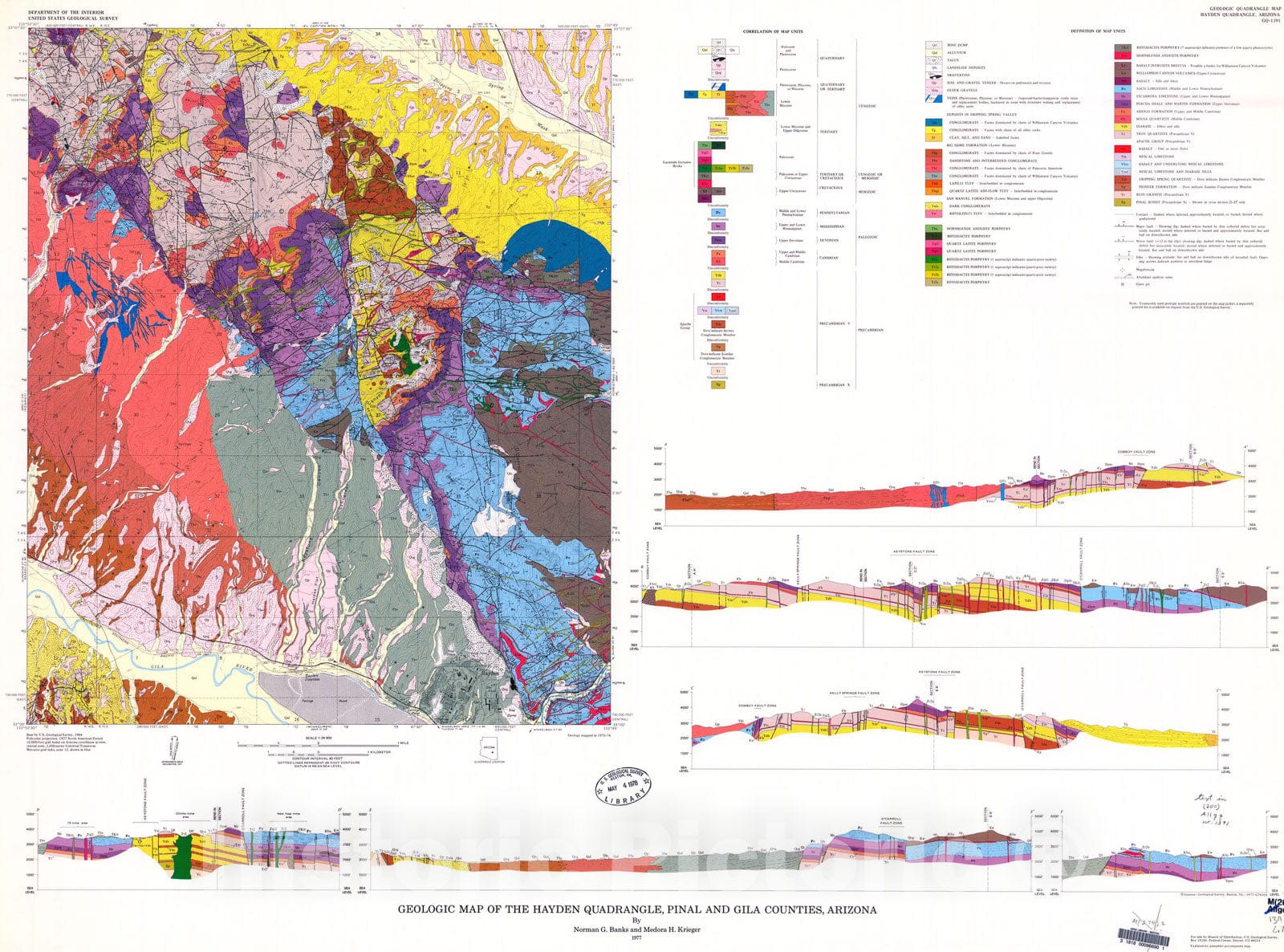 Map : Geologic map of the Hayden quadrangle, Pinal and Gila Counties, Arizona, 1977 Cartography Wall Art :