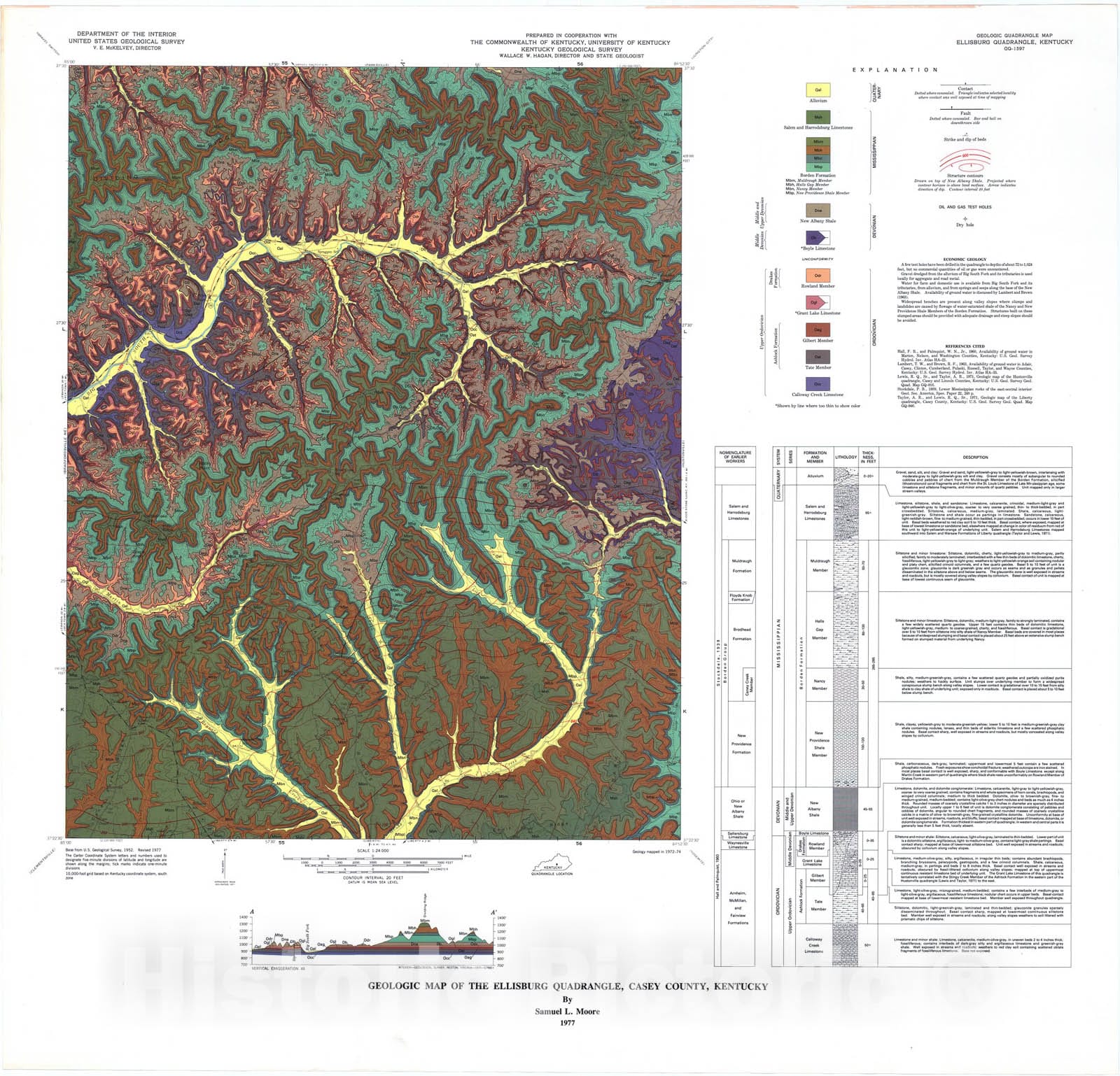 Map : Geologic map of the Ellisburg quadrangle, Casey County, Kentucky, 1977 Cartography Wall Art :