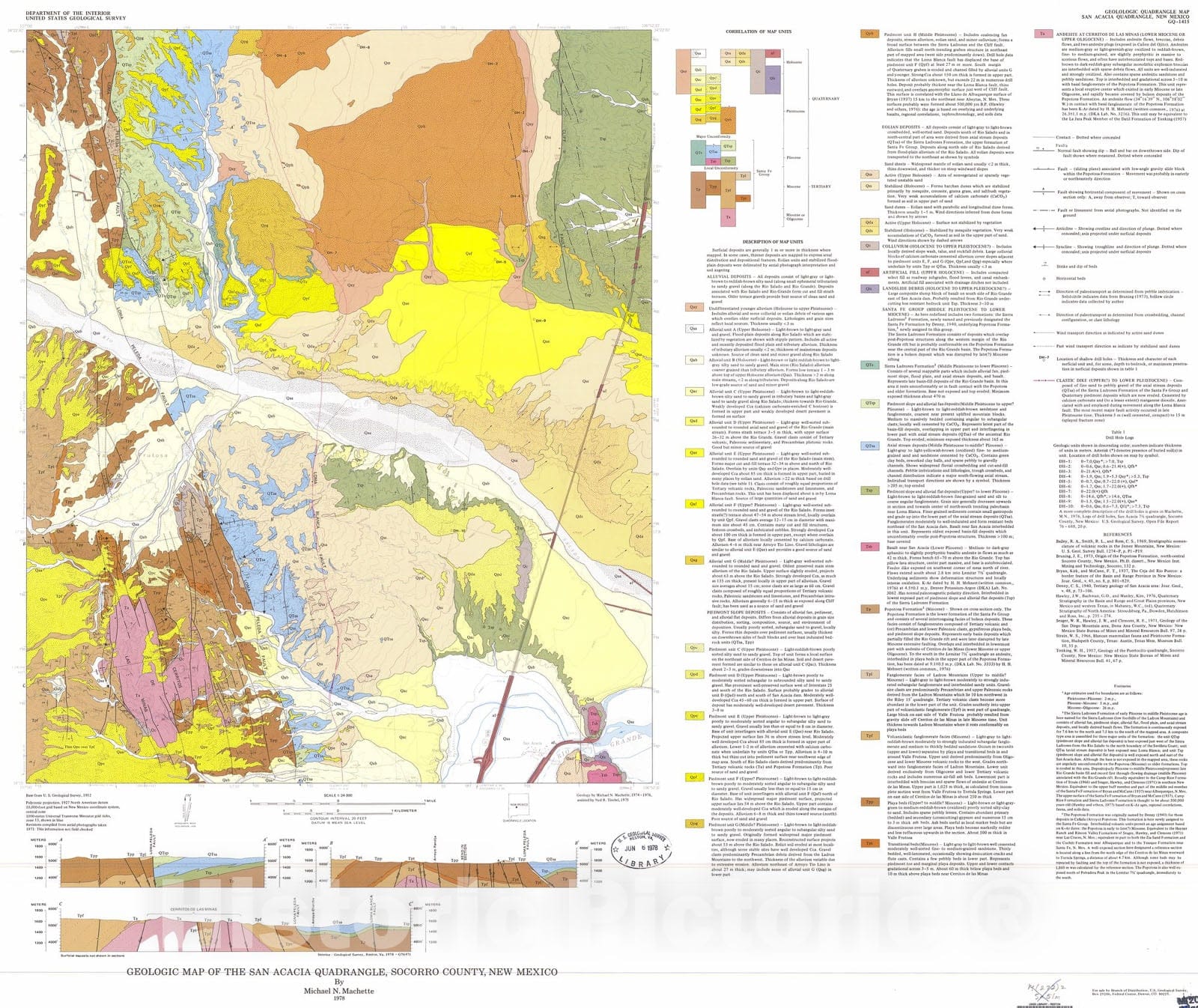Map : Geologic map of the San Acacia quadrangle, Socorro County, New Mexico, 1978 Cartography Wall Art :