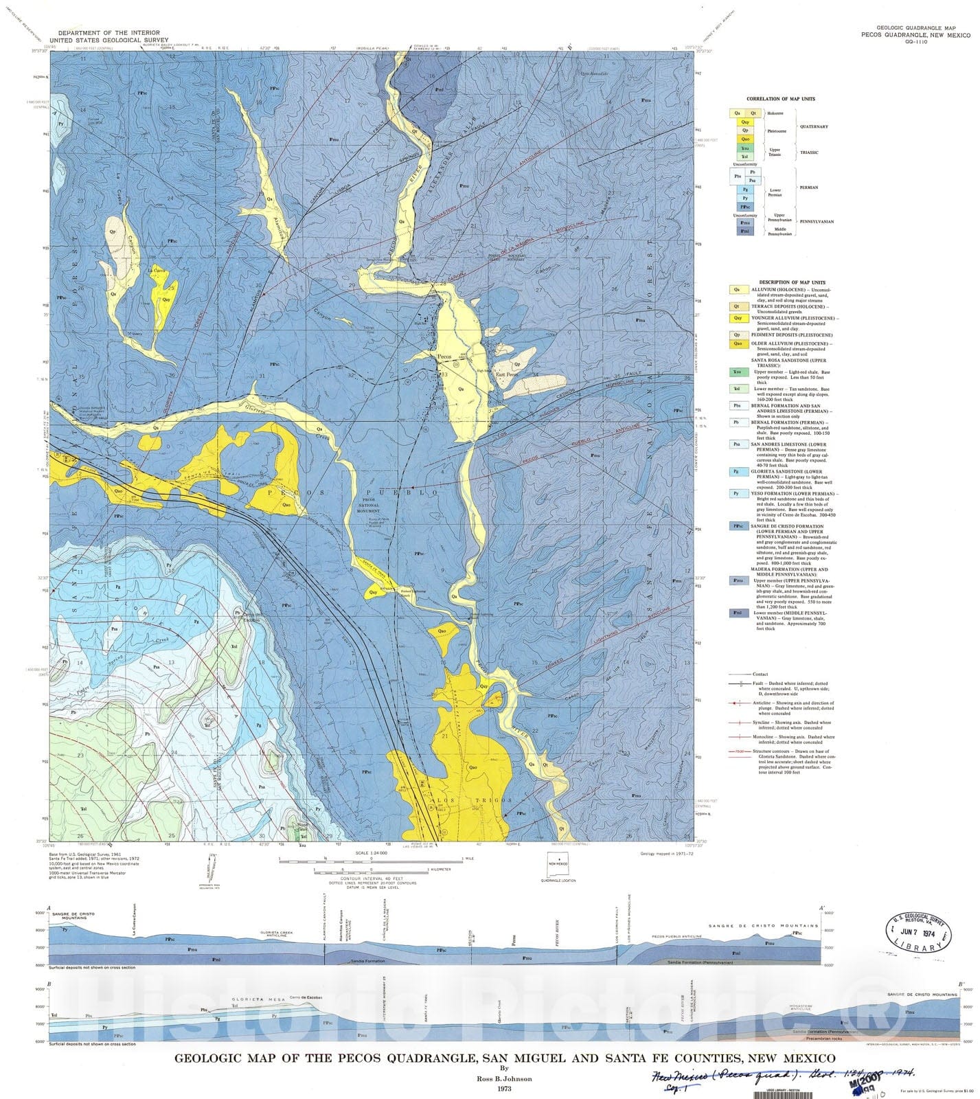 Map : Geologic map of the Pecos quadrangle, San Miguel and Santa Fe Counties, New Mexico, 1973 Cartography Wall Art :