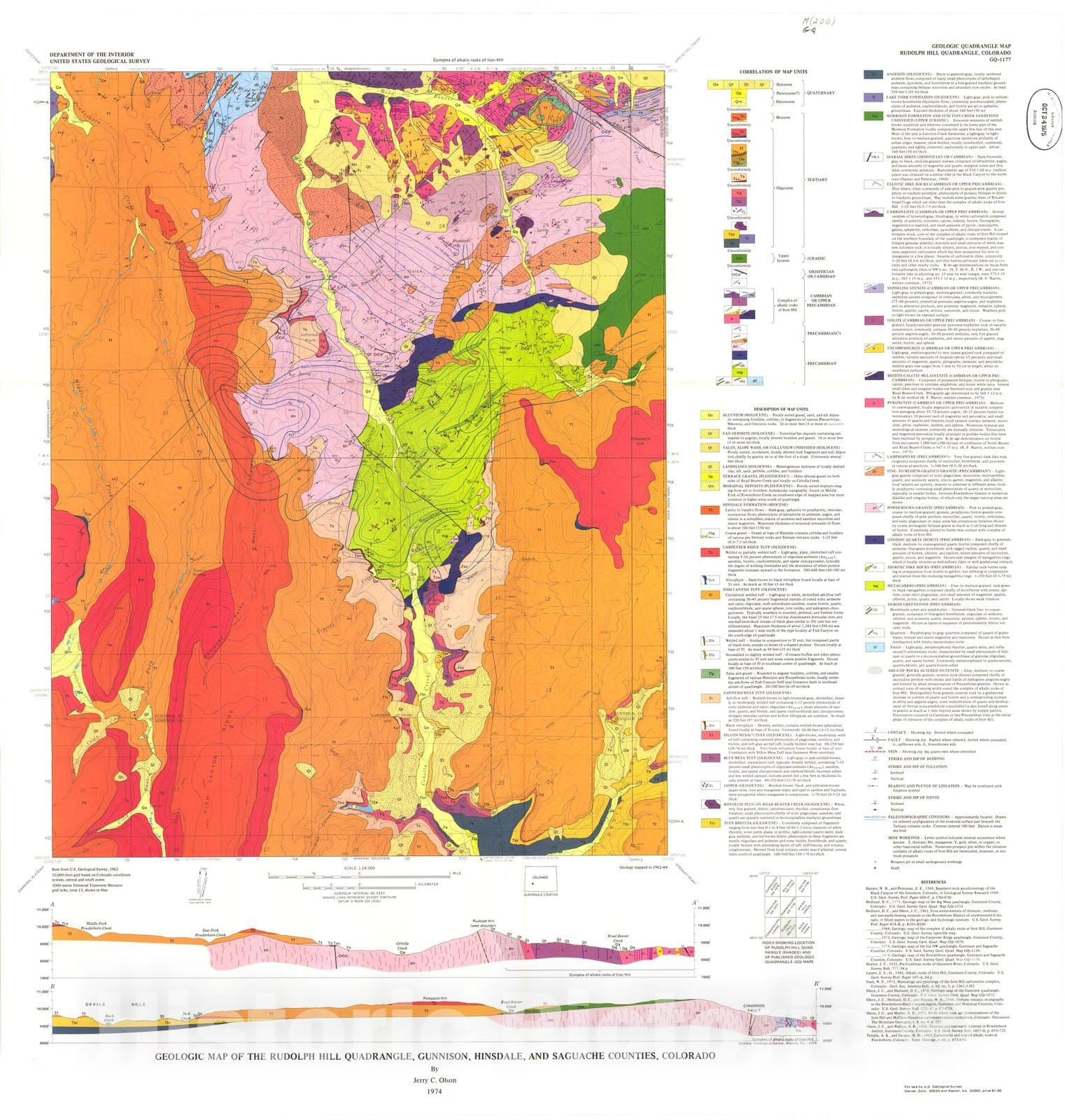 Map : Geologic map of the Rudolph Hill quadrangle, Gunnison, Hinsdale, and Saguache Counties, Colorado, 1974 Cartography Wall Art :
