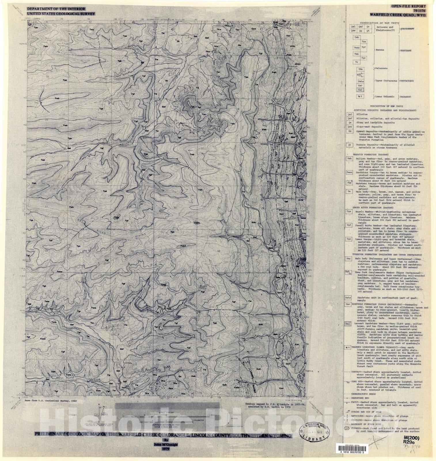 Map : Preliminary geologic map of the Warfield Creek quadrangle, Lincoln County, southwestern Wyoming, 1979 Cartography Wall Art :