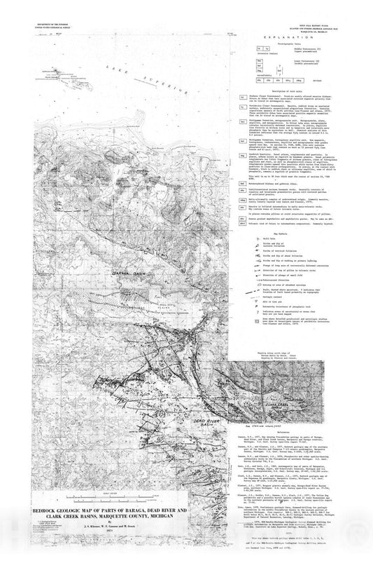 Map : Bedrock geologic map of parts of Baraga, Dead River and Clark Creek Basins, Marquette County, Michigan, 1979 Cartography Wall Art :