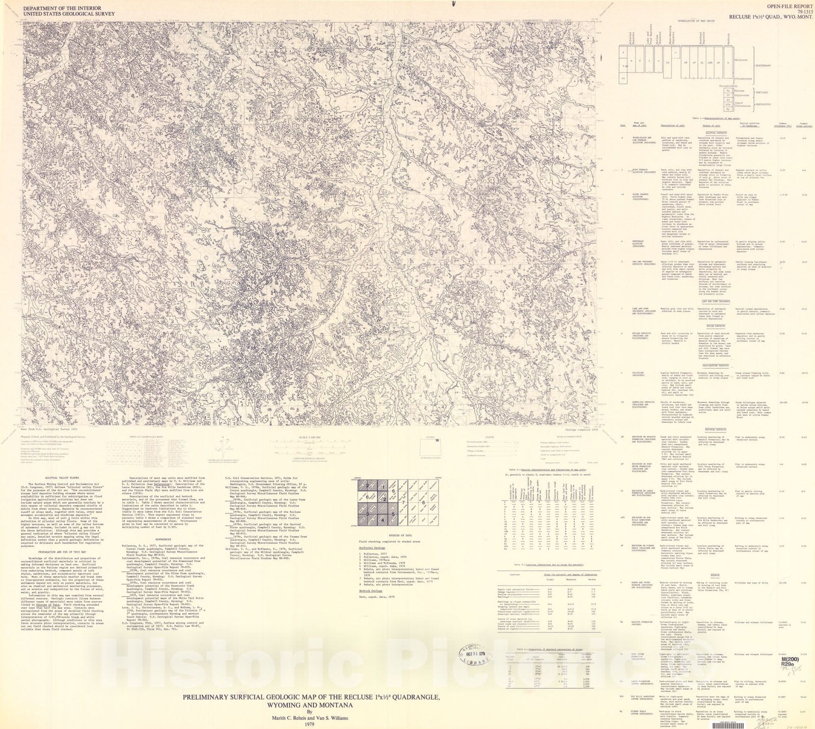 Map : Preliminary surficial geologic map of the Recluse one degree x one/2 degree quadrangle, Wyoming and Montana, one979 Cartography Wall Art :