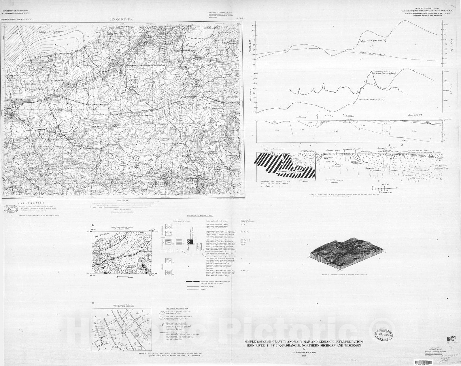 Map : Simple bouguer gravity anomaly map and geologic interpretation, Iron River one degree by two degree quadrangle, northern Michigan and Wisconsin, one979 Cartography Wall Art :