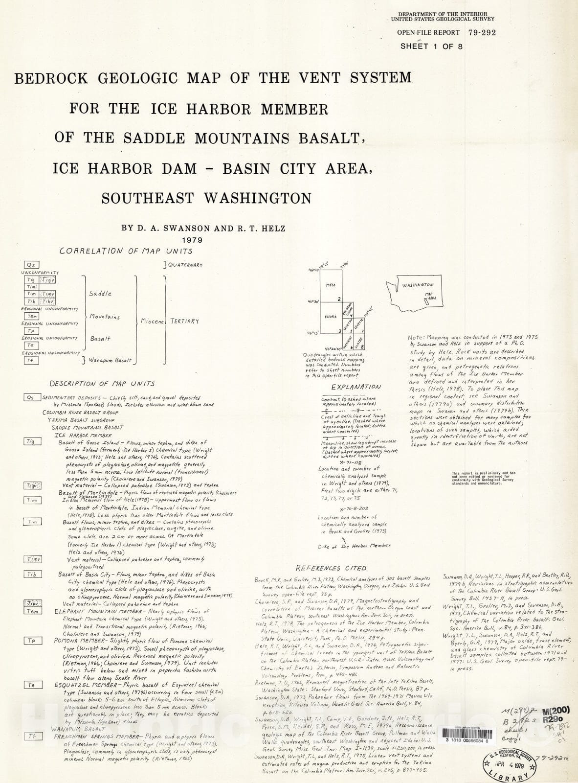 Map : Bedrock geologic map of the vent system for the Ice Harbor Member of the Saddle Mountains Basalt, Ice Harbor Dam - Basin City area, southeast Washington, 1979 Cartography Wall Art :