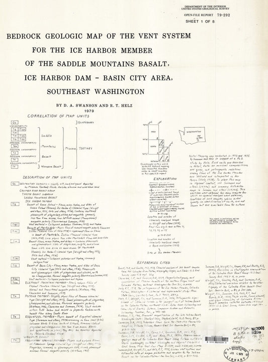 Map : Bedrock geologic map of the vent system for the Ice Harbor Member of the Saddle Mountains Basalt, Ice Harbor Dam - Basin City area, southeast Washington, 1979 Cartography Wall Art :