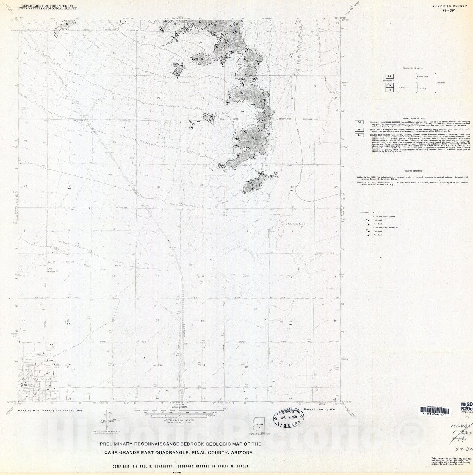 Map : Preliminary reconnaissance bedrock geologic map of the Casa Grande East quadrangle, Pinal County, Arizona, 1979 Cartography Wall Art :
