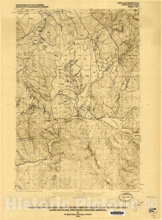 Map : Reconnaissance geologic map of the northern two-thirds of the Avon quadrangle, Lewis and Clark, and Powell Counties, Montana, 1979 Cartography Wall Art :