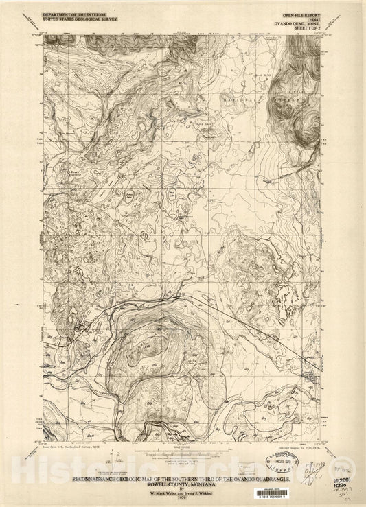 Map : Reconnaissance geologic map of the southern third of the Ovando quadrangle, Powell County, Montana, 1979 Cartography Wall Art :