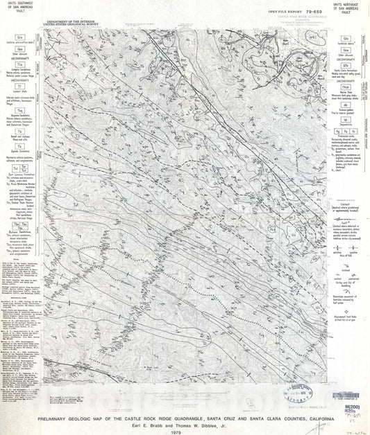 Map : Preliminary geologic map of the Castle Rock Ridge quadrangle, Santa Cruz and Santa Clara Counties, California, 1979 Cartography Wall Art :