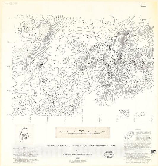 Map : Bouguer gravity map of the Bangor one degree x two degree quadrangle, Maine, one979 Cartography Wall Art :
