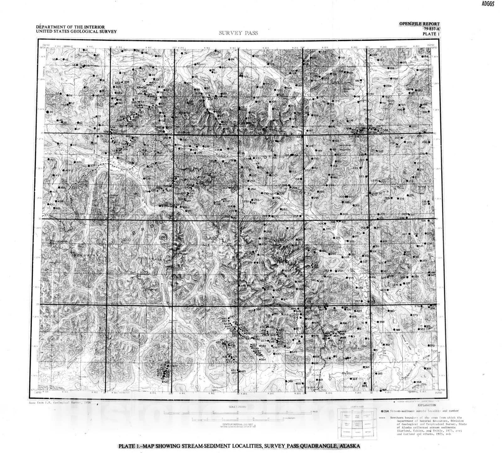 Map : A listing and statistical summary of spectrographic and chemical analyses of stream-sediment samples from the Survey Pass quadrangle, Alaska, 1979 Cartography Wall Art :