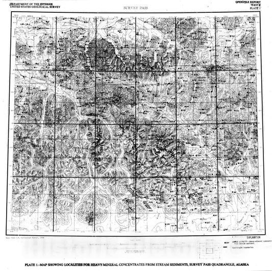 Map : A listing and statistical summary of heavy-mineral concentrates from stream-sediment samples for the Survey Pass quadrangle, Alaska, 1979 Cartography Wall Art :