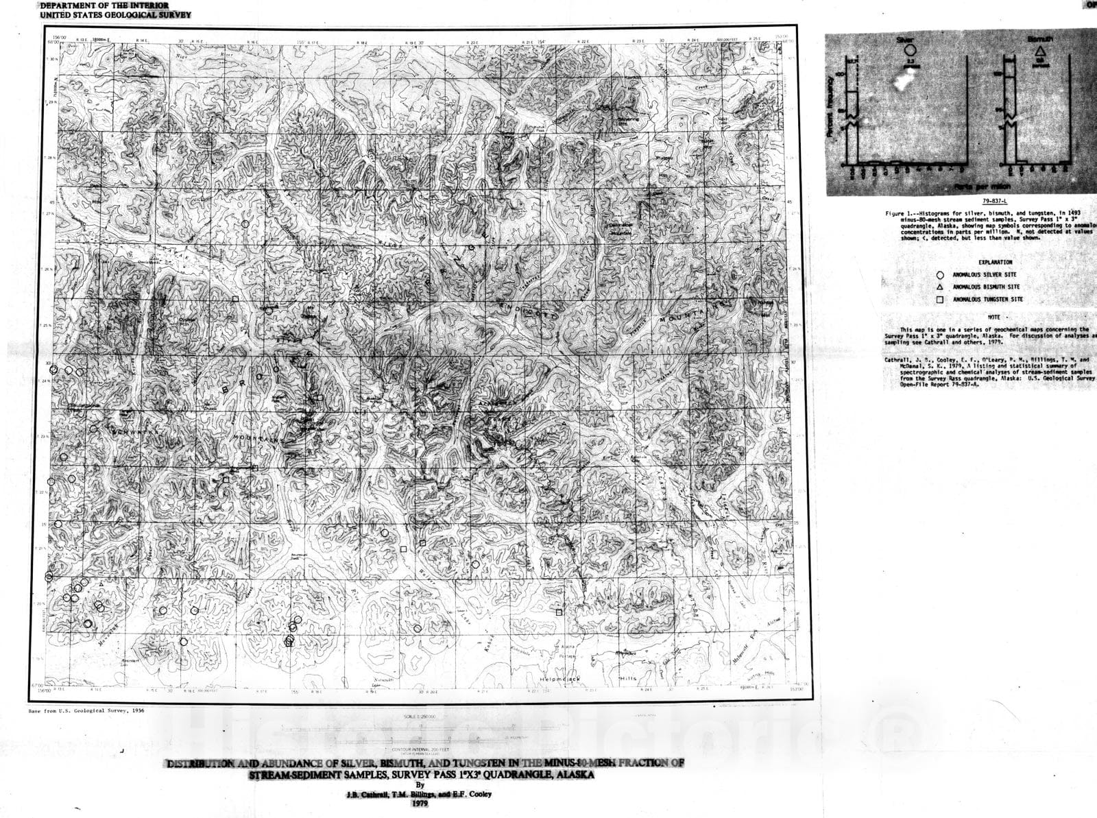 Map : Distribution and abundance of silver, bismuth, and tungsten in the minus-80-mesh fraction of stream-sediment samples, Survey Pass, 1979 Cartography Wall Art :