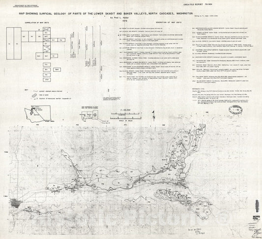 Map : Map showing surficial geology of parts of the lower Skagit and Baker Valleys, North Cascades, Washington, 1979 Cartography Wall Art :