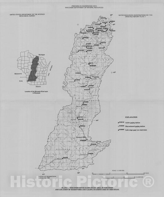 Map : Streamflow model of Wisconsin River for estimating flood frequency and volume, 1980 Cartography Wall Art :
