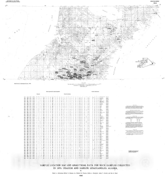 Map : Sample location map and analytical data for rock samples collected in 1979, Ugashik and Karluk quadrangles, Alaska, 1980 Cartography Wall Art :