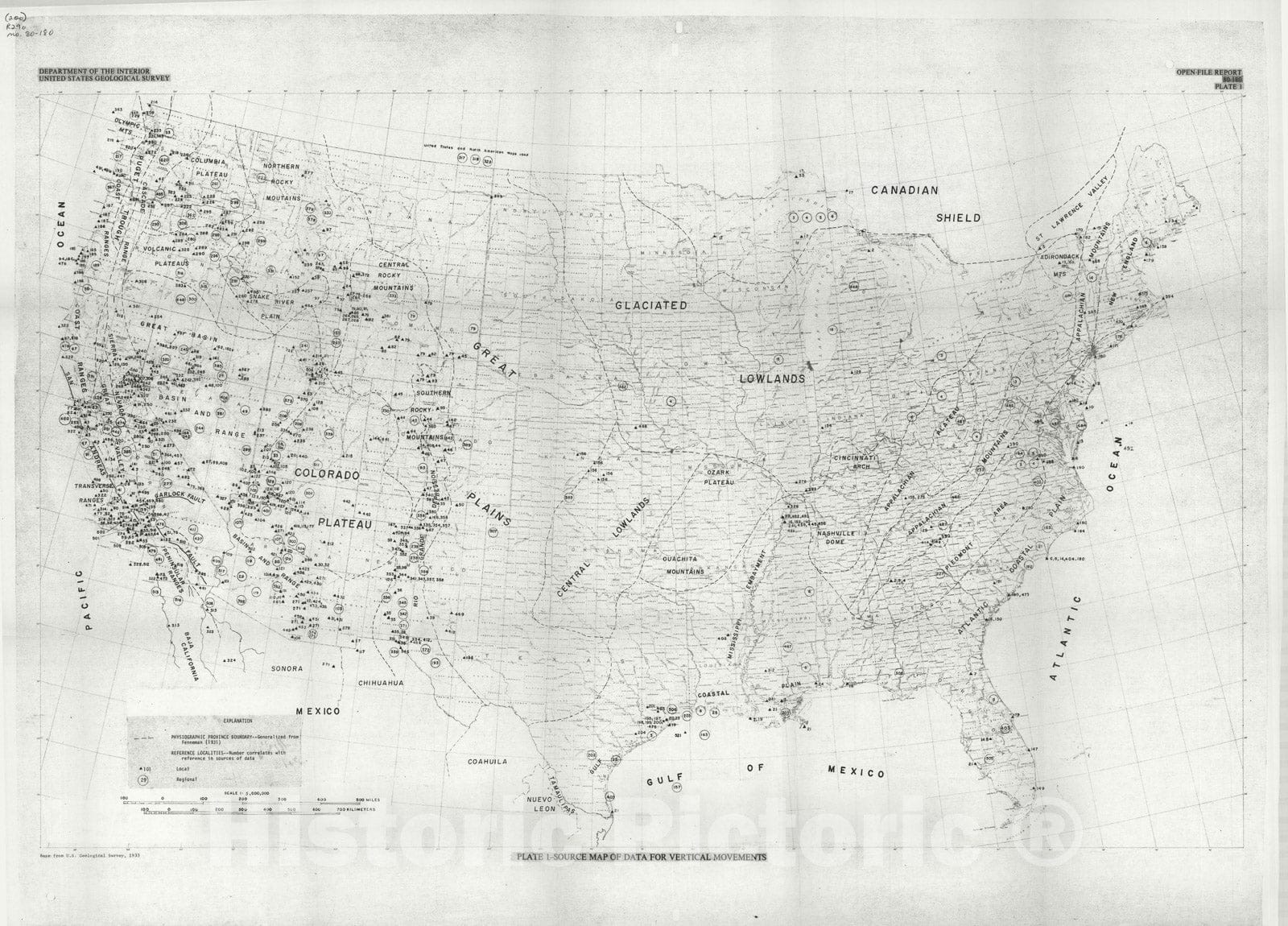 Map : Vertical crustal movements in the conterminous United States over the last ten million years, 1980 Cartography Wall Art :