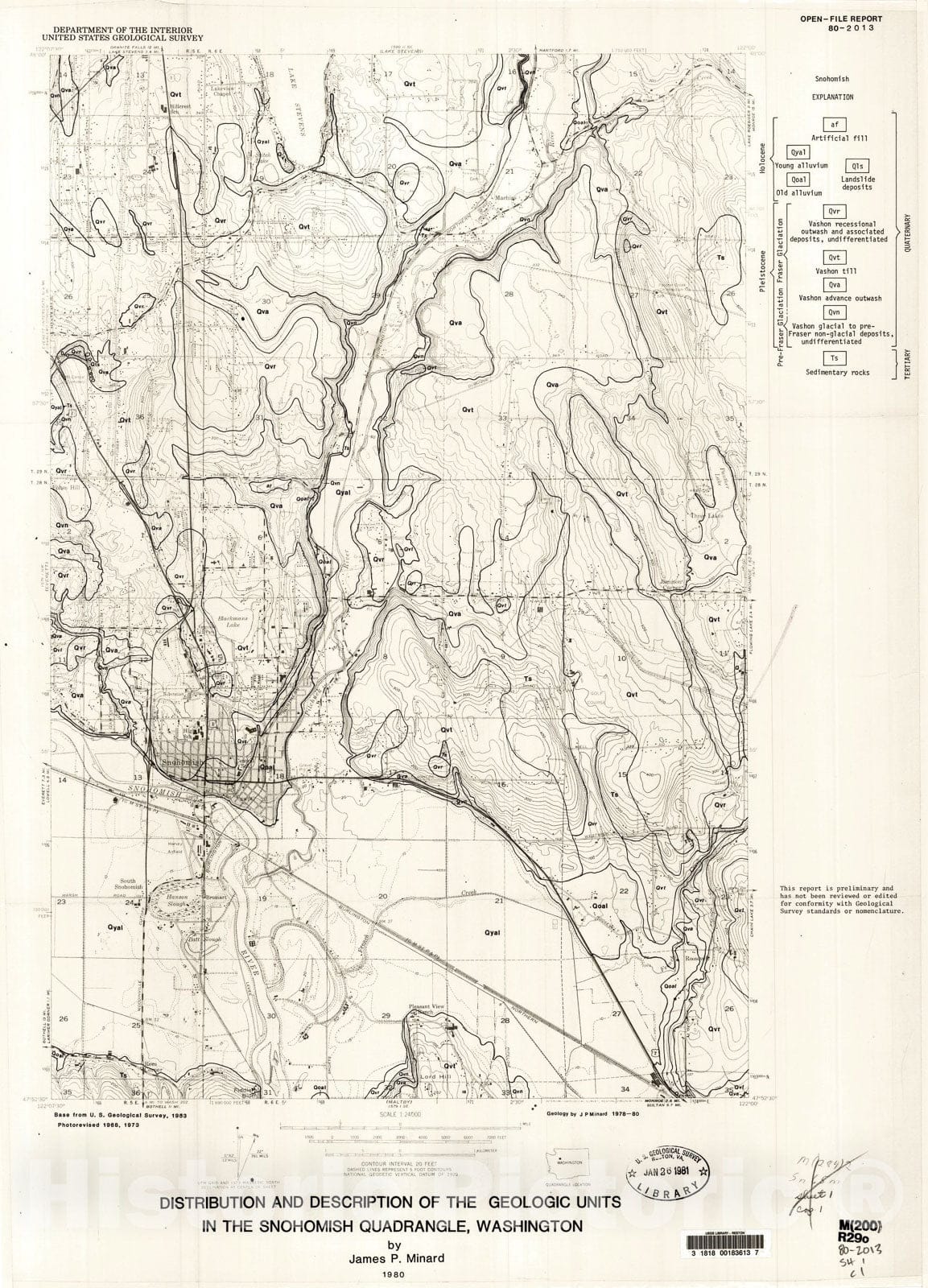 Map : Distribution and description of the geologic units in the Snohomish quadrangle, Washington, 1980 Cartography Wall Art :